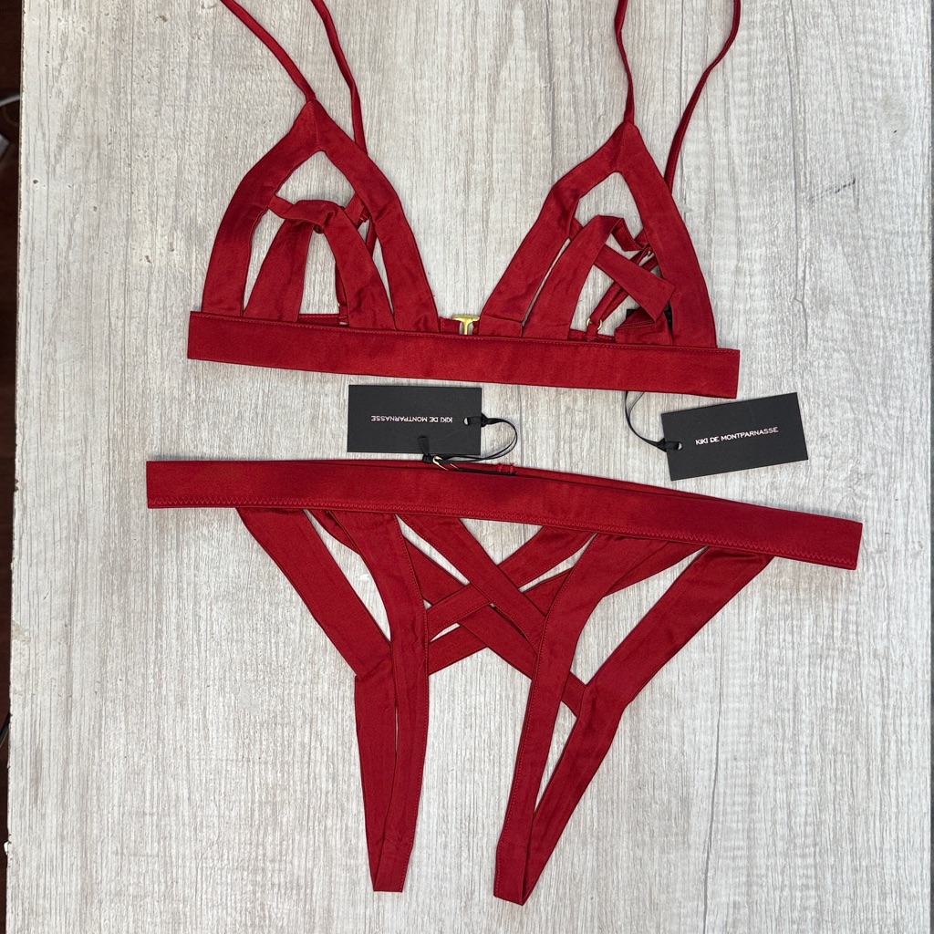 Nwt Kiki De Montparnasse Seduire Red Silk Ouvert Open Cage Cup Bra & Panty Set